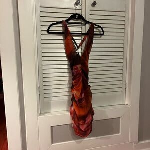 Oh Polly tight mesh red tie-dye dress. Plunging V.